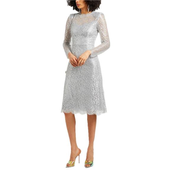 NWT DOLCE & GABBANA Cordonetto Lace Midi Dress Long Sleeves Silver 40 S - Picture 5 of 10